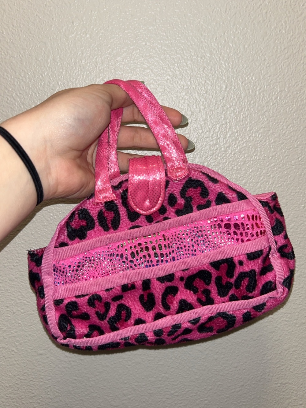 Girls Pink Leopard Print Mini Handbag with Sequin Accent